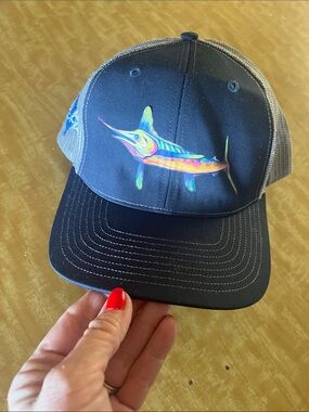 Men's Blue Trucker Hat with Multicolor Marlin Graphic